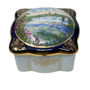 Vintage Niagara Falls Porcelain Trinket Box (Blue & Gold) – Germany